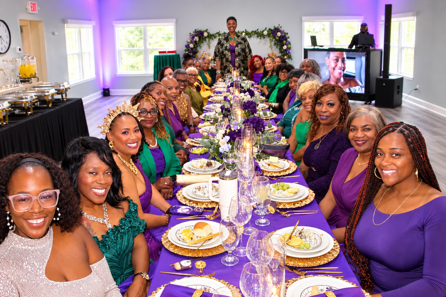 Guests gathered around a decorated celebration table